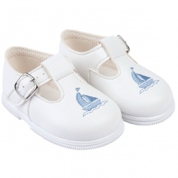 Boys White & Sky Blue Boat T-bar First Walker Shoes